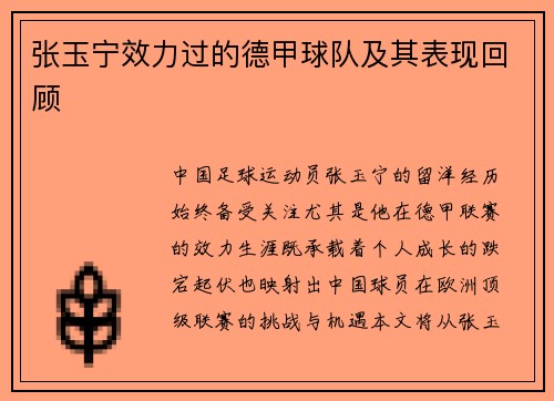 张玉宁效力过的德甲球队及其表现回顾